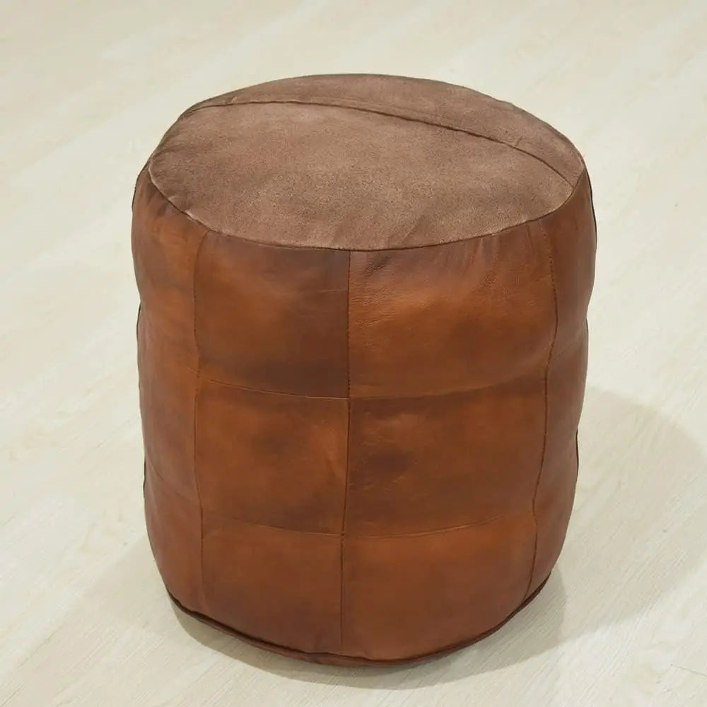 Round Shaped Leather Handmade  Cognac Pouf , 14" x 14"x 14",
