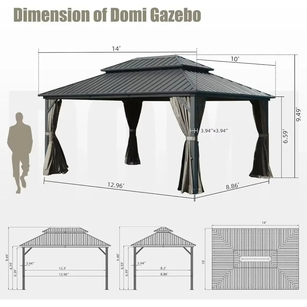 Domi 10x14T Outdoor Gazebo,  Galvanized Steel, Hardtop Gazebo