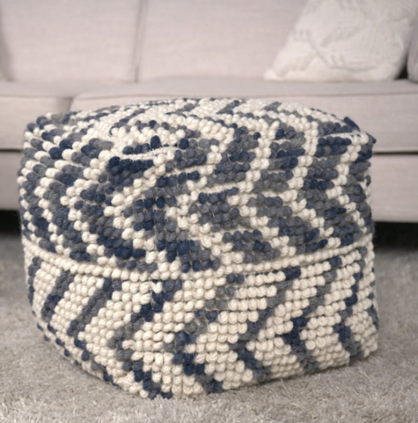 Alina Wool and Cotton Pouf Natural and Blue