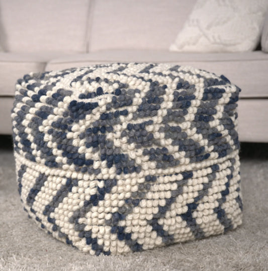 Alina Wool and Cotton Pouf Natural and Blue