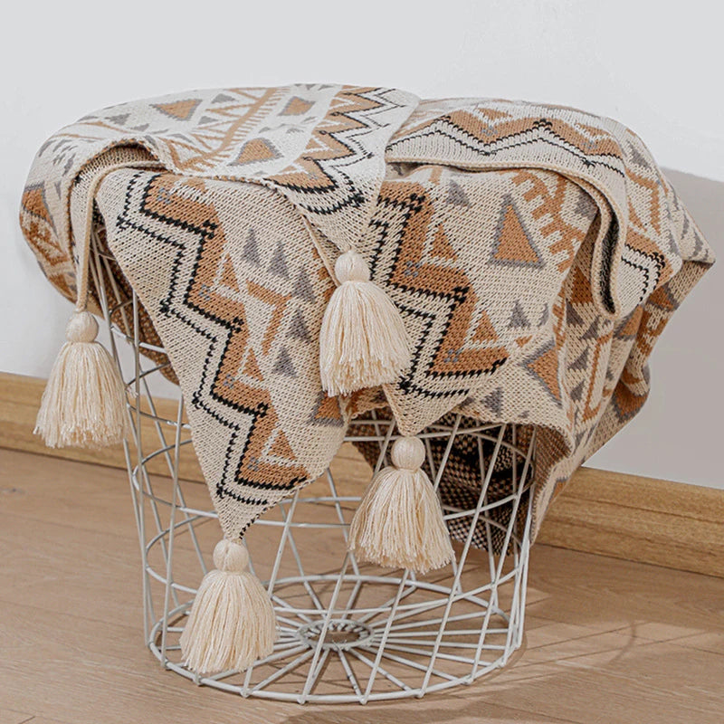Boho Throw Blankets Knitted Brown Tassel