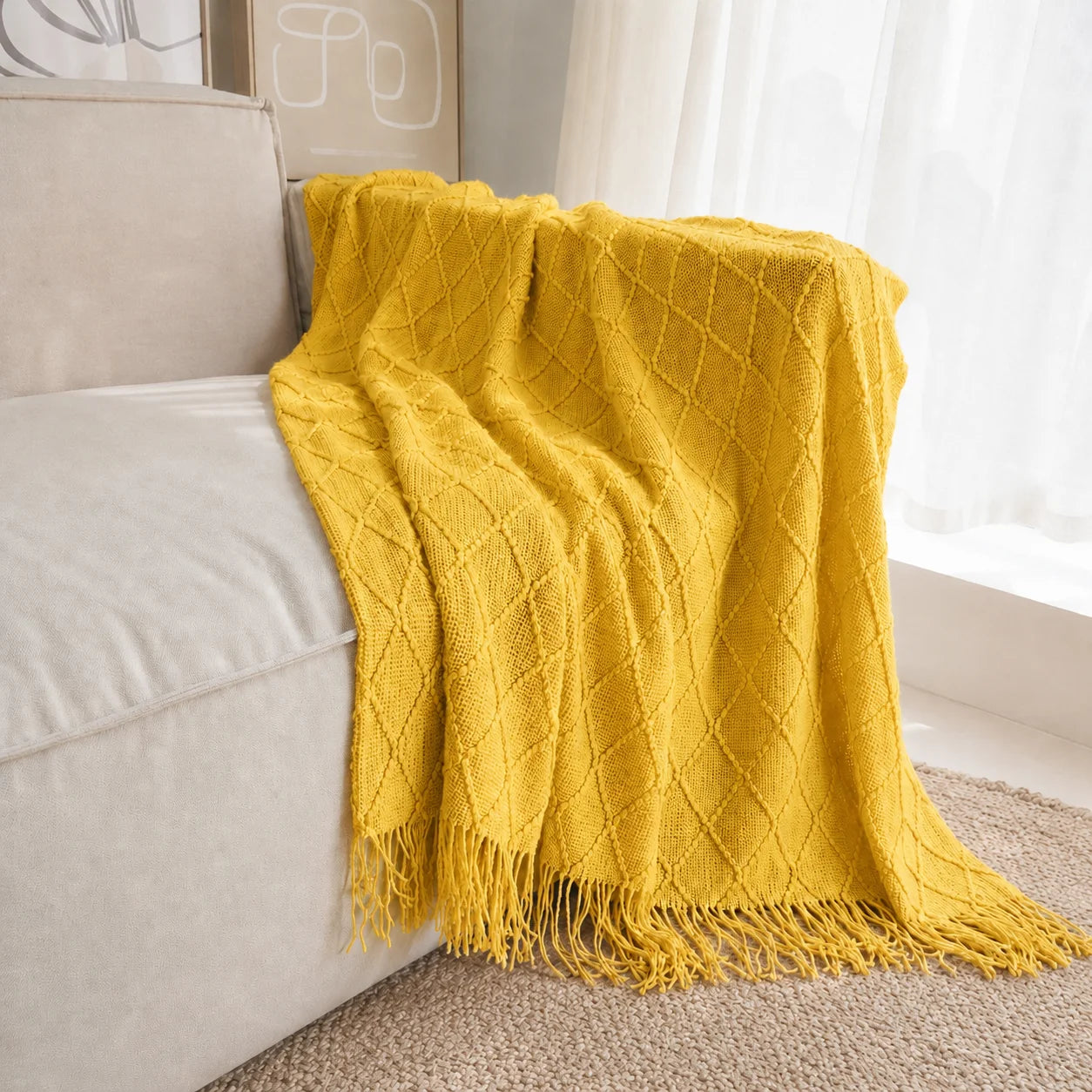 Dark Brown Wavy Chevron Textured Knit Throw Blanket with Tassel Fringe,