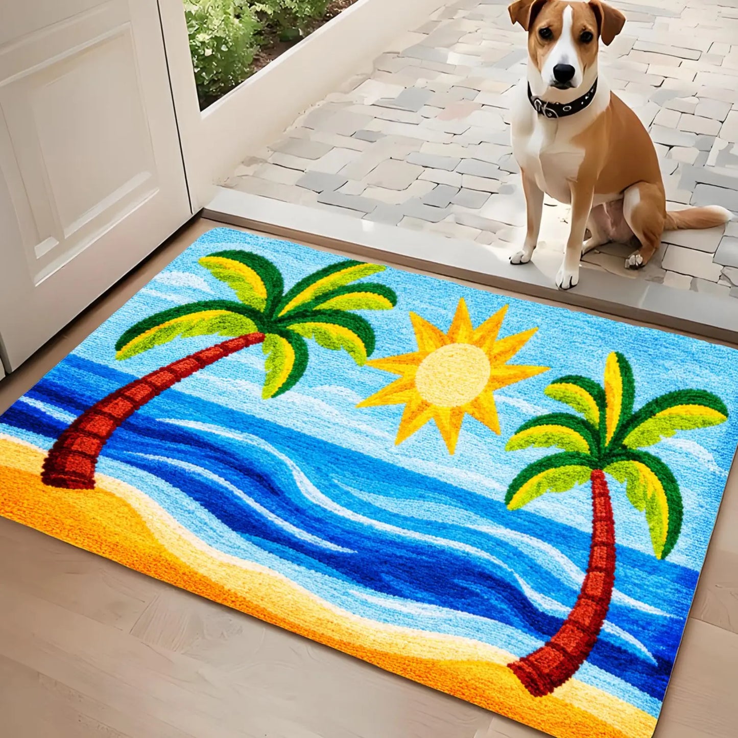 3PCS Rugs,Tropical Palm Tree Sun And Ocean Waves Pattern Dining Mat