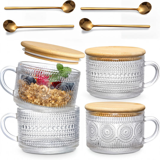 14 OZ Glass Coffee Mugs Set, 4-Piece with Bamboo Lids and Spoons