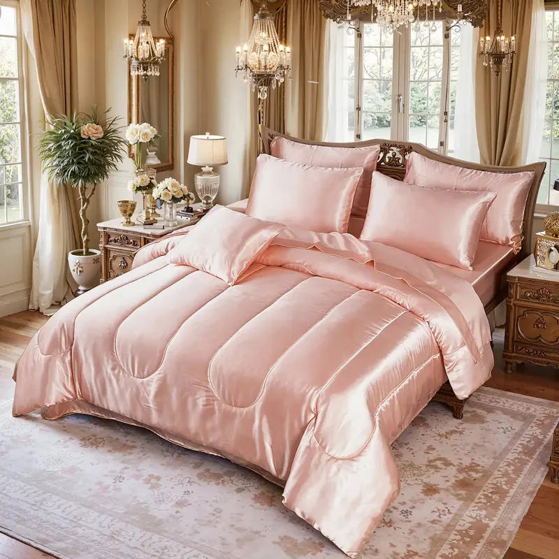3pcs Reversible Silky Bedding Set, Satin Comforter 2 Pillowcases