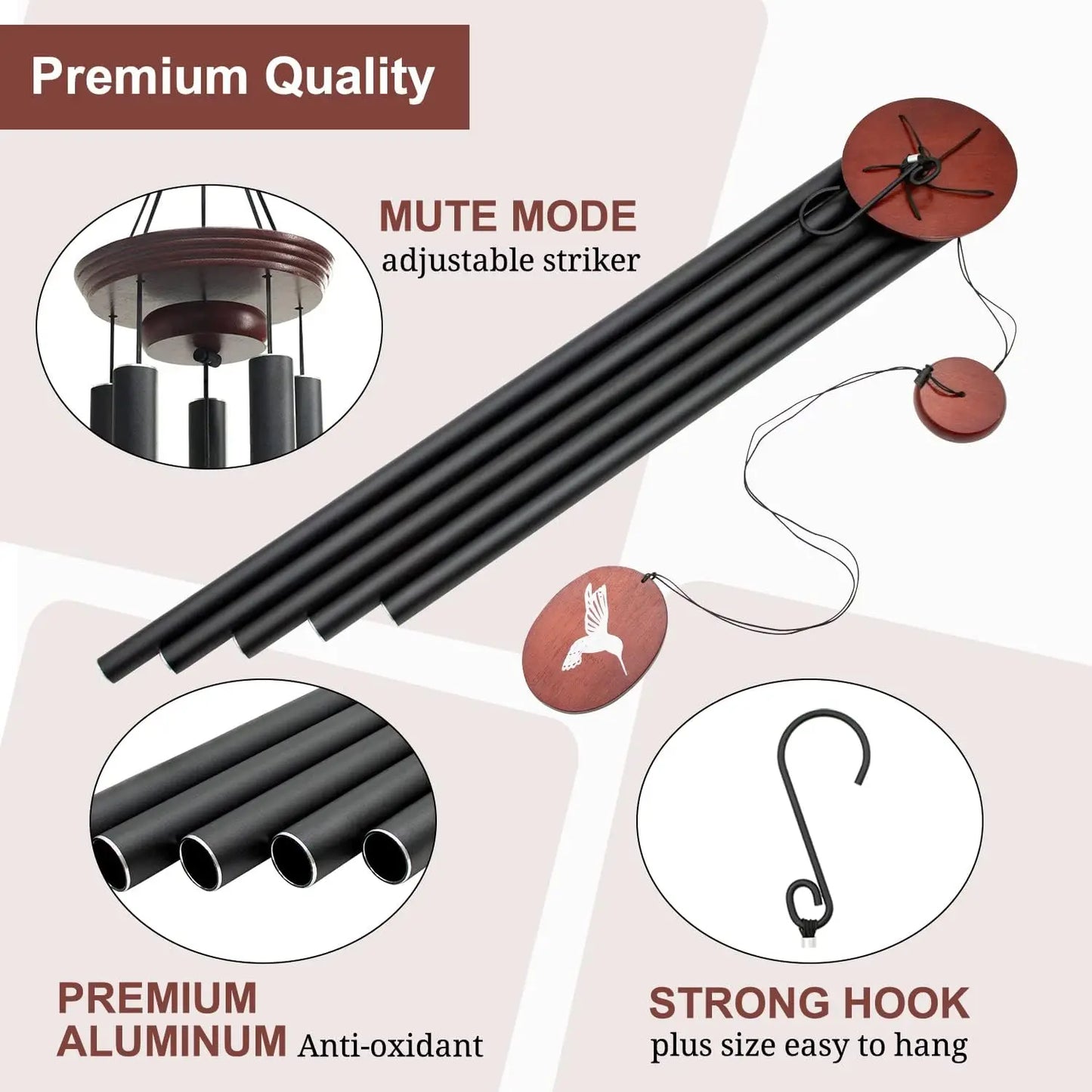 60-Inch Wind Chimes with Deep Tones, 5 Tuned Aluminum Tubes