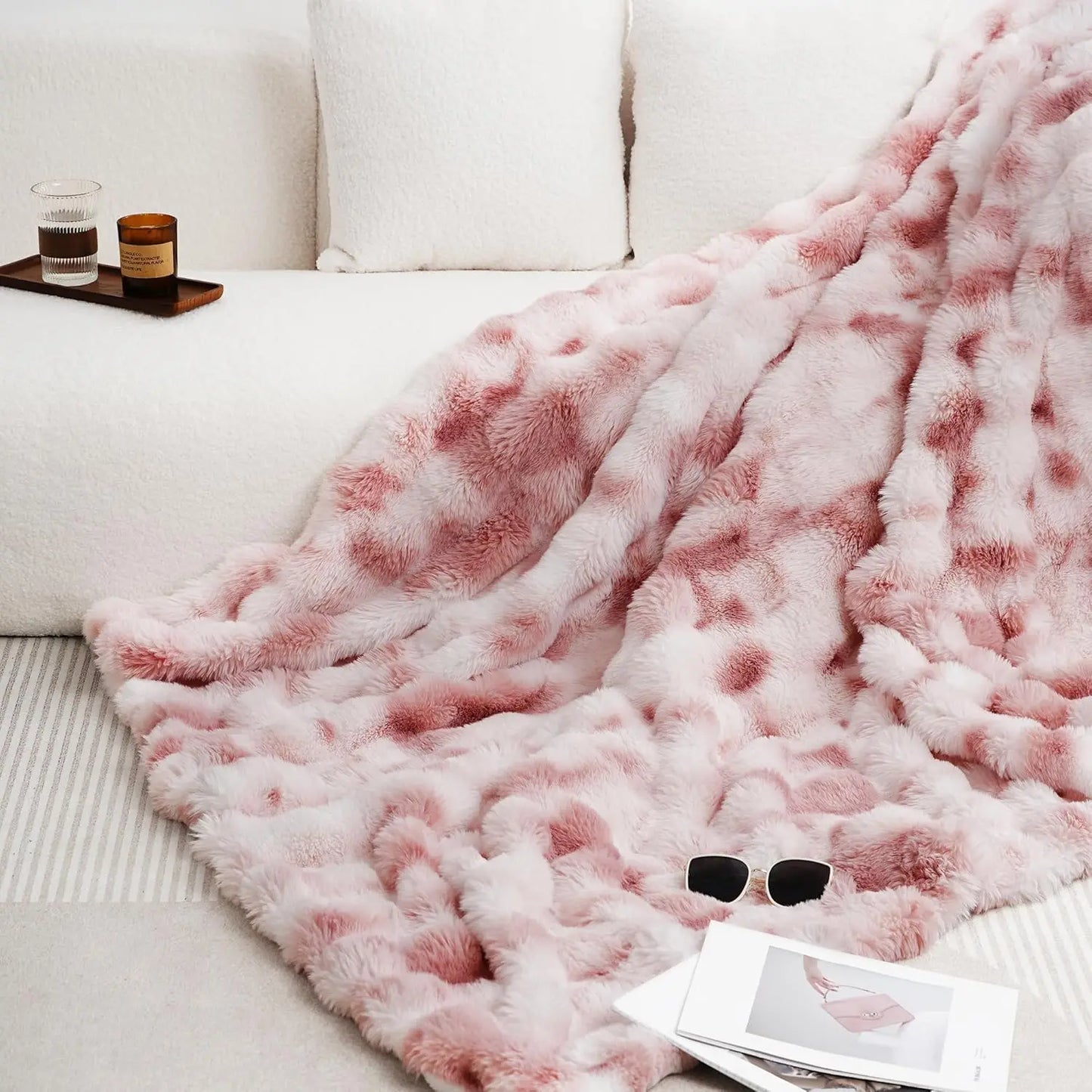 Faux Fur Throw Blanket Tie-Dye Khak- Super Soft & Cozy 6LBS
