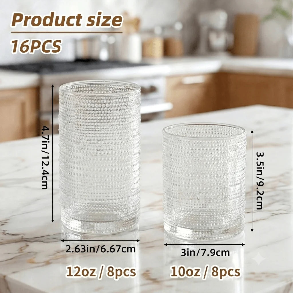12/16pack Hobnail Drinking Glasses, 12 Oz Highball Glasses & 10 Oz Cocktail Glasses,