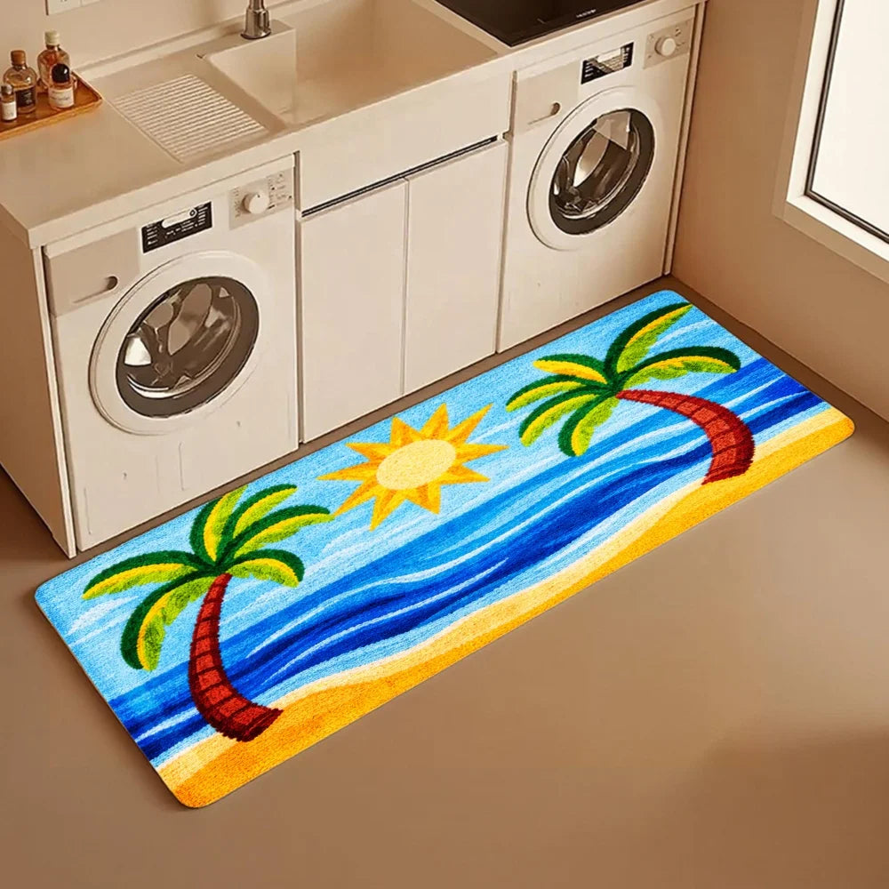 3PCS Rugs,Tropical Palm Tree Sun And Ocean Waves Pattern Dining Mat