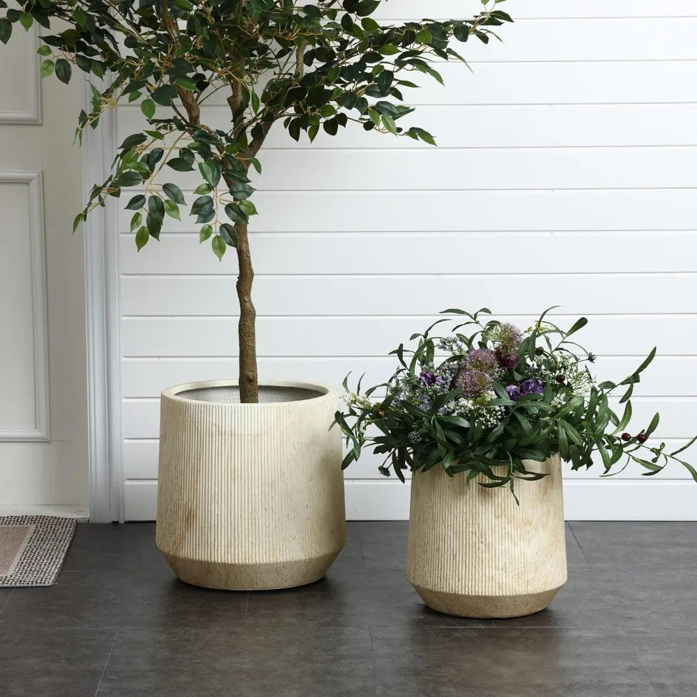 Round Planters, Set of 2 Large Outdoor, Drainage Hole