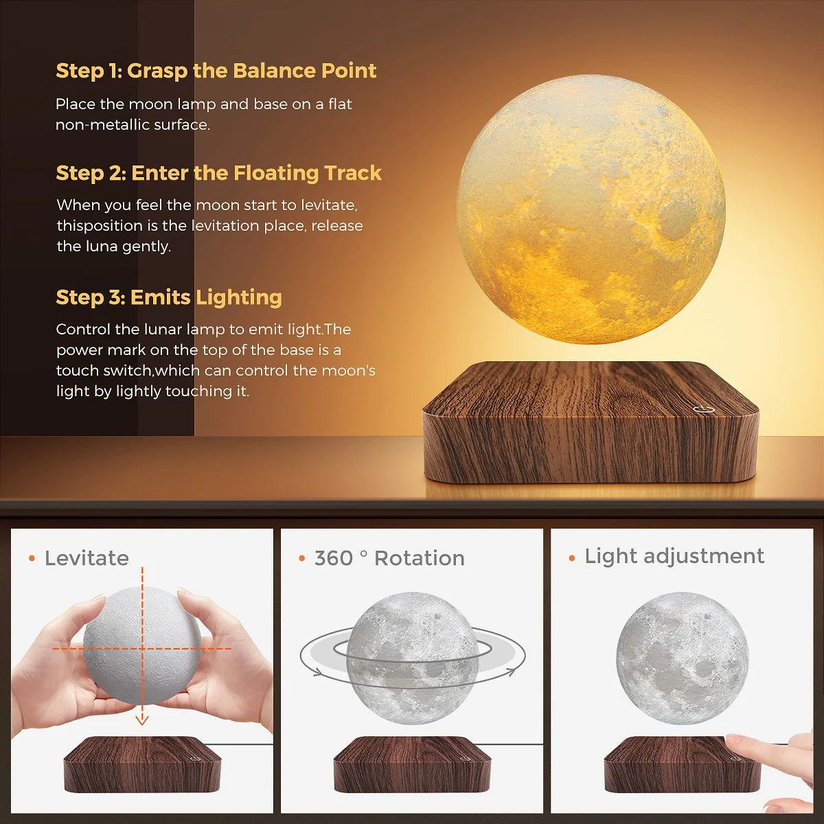 Magnetic Floating Moon with Wooden Base, 3 Color LED Night Lights