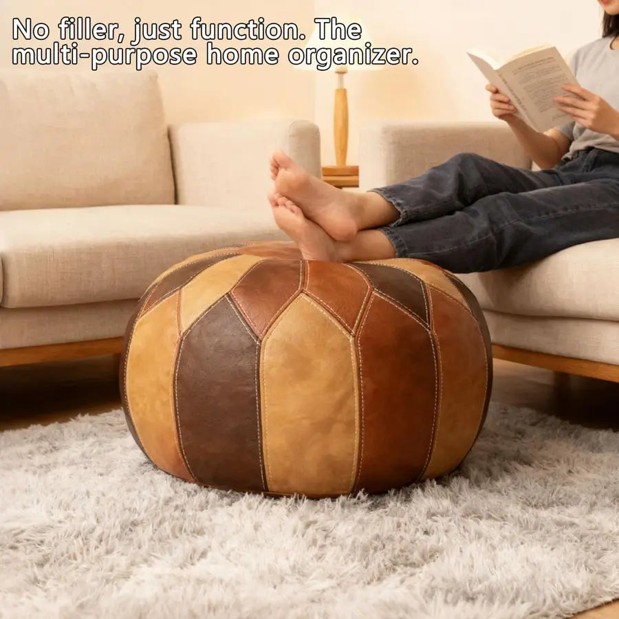 Unstuffed Moroccan Faux Leather Pouf Ottoman with Storage Handmade