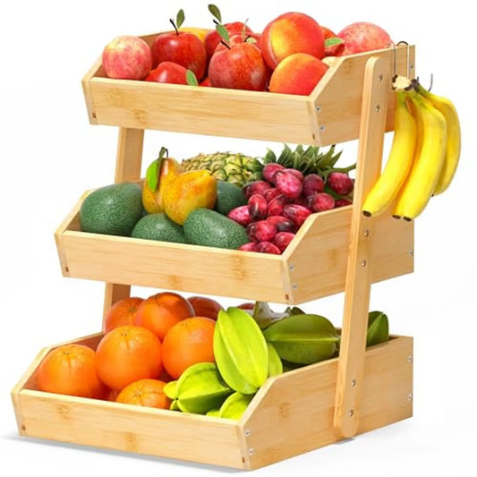 Fruit Basket Bamboo 3 Tier 2 Banana Hangers