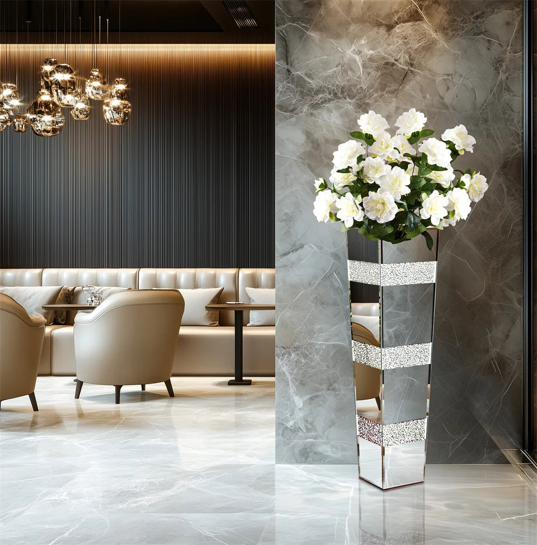 Floor Flower Vase Decorative Crystal Silver Standing Mirrored
