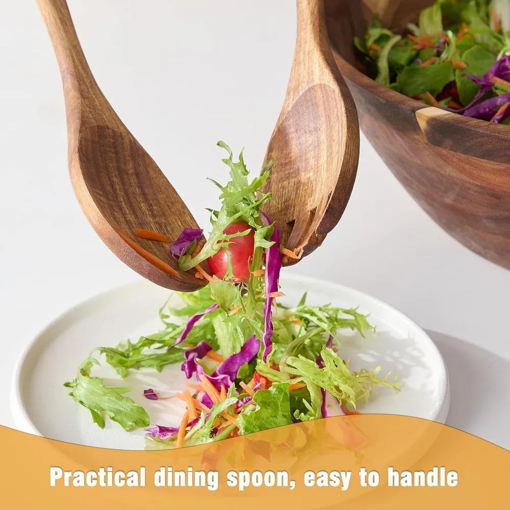 Large Acacia Wood Salad Bowl Set with Utensils, 12.5"