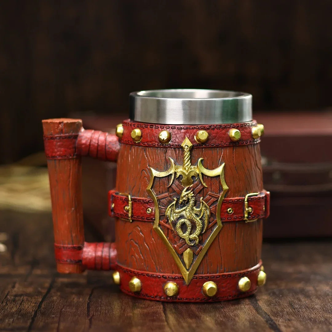 Viking Imitation Wood Resin Beer Mug -Handmade Stainless Steel Line