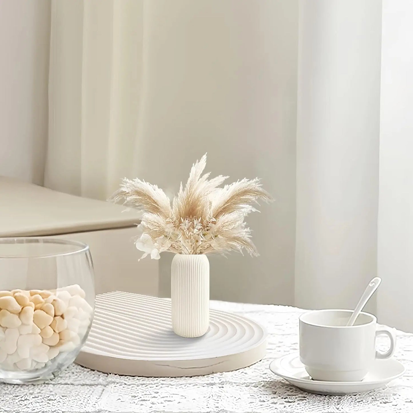 Modern Ribbed Ceramic Vase - 8" Small White Flower Vase