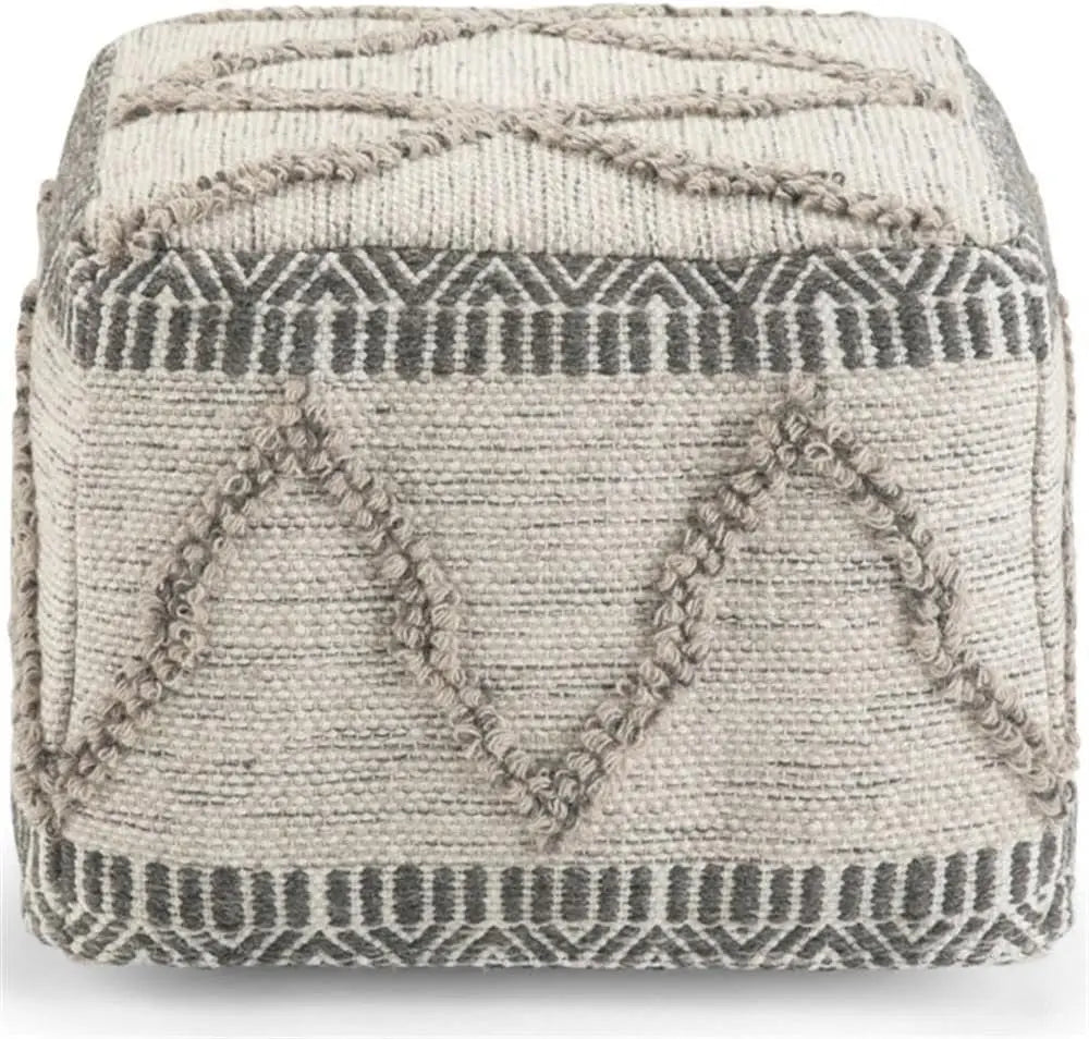 Boho Square Pouf In Grey, Natural Handloom Woven Pattern