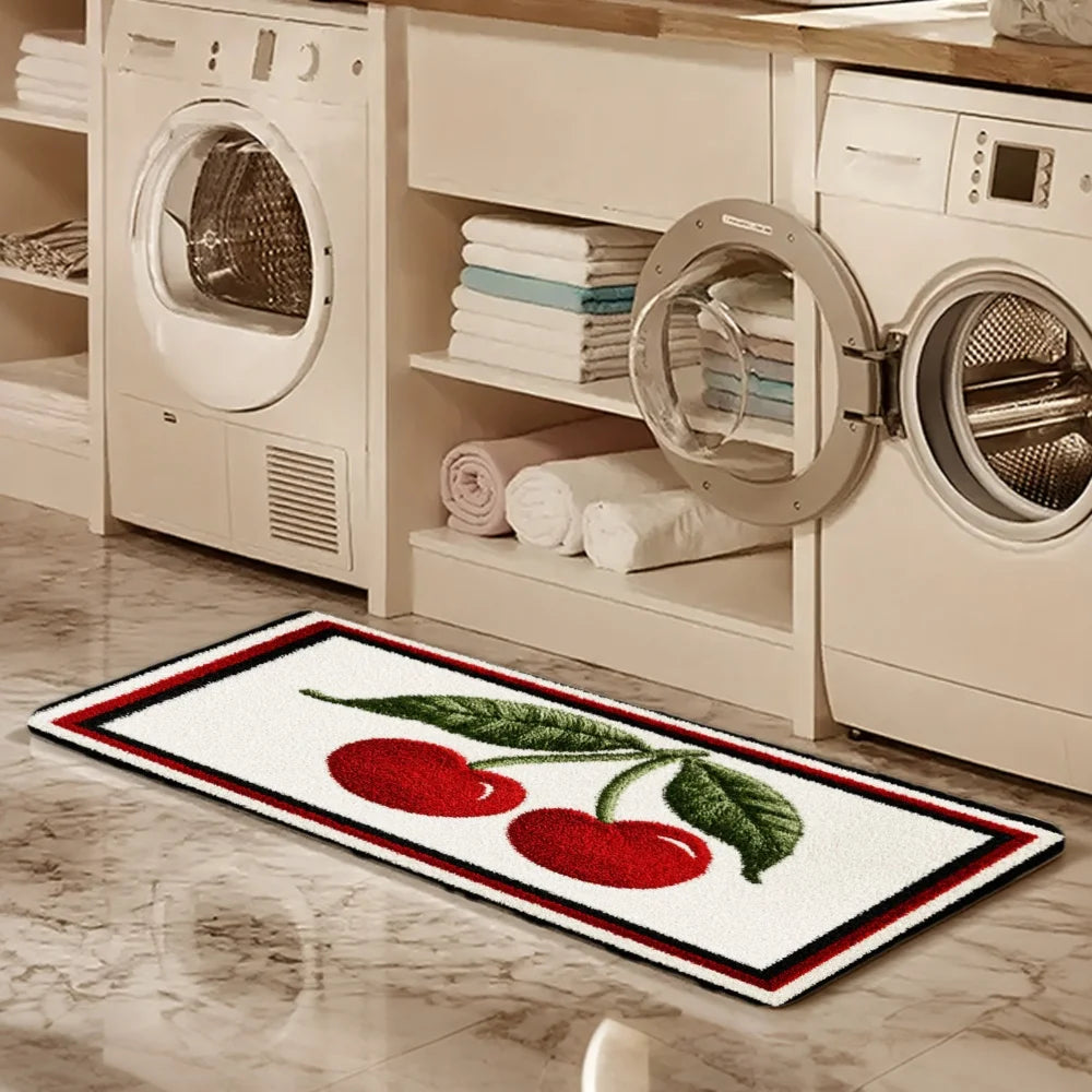 3PCS Mat Set,  Front Door, Kitchen,  Cherry Pattern With Green Leaves