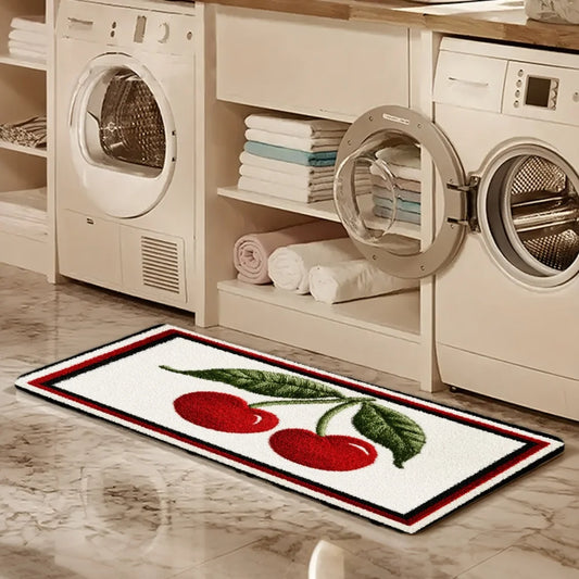3PCS Mat Set,  Front Door, Kitchen,  Cherry Pattern With Green Leaves