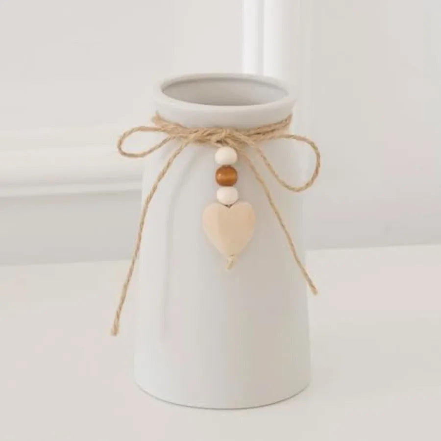 Charming 6-Inch Ceramic Vase Jute Rope and Heart Charm