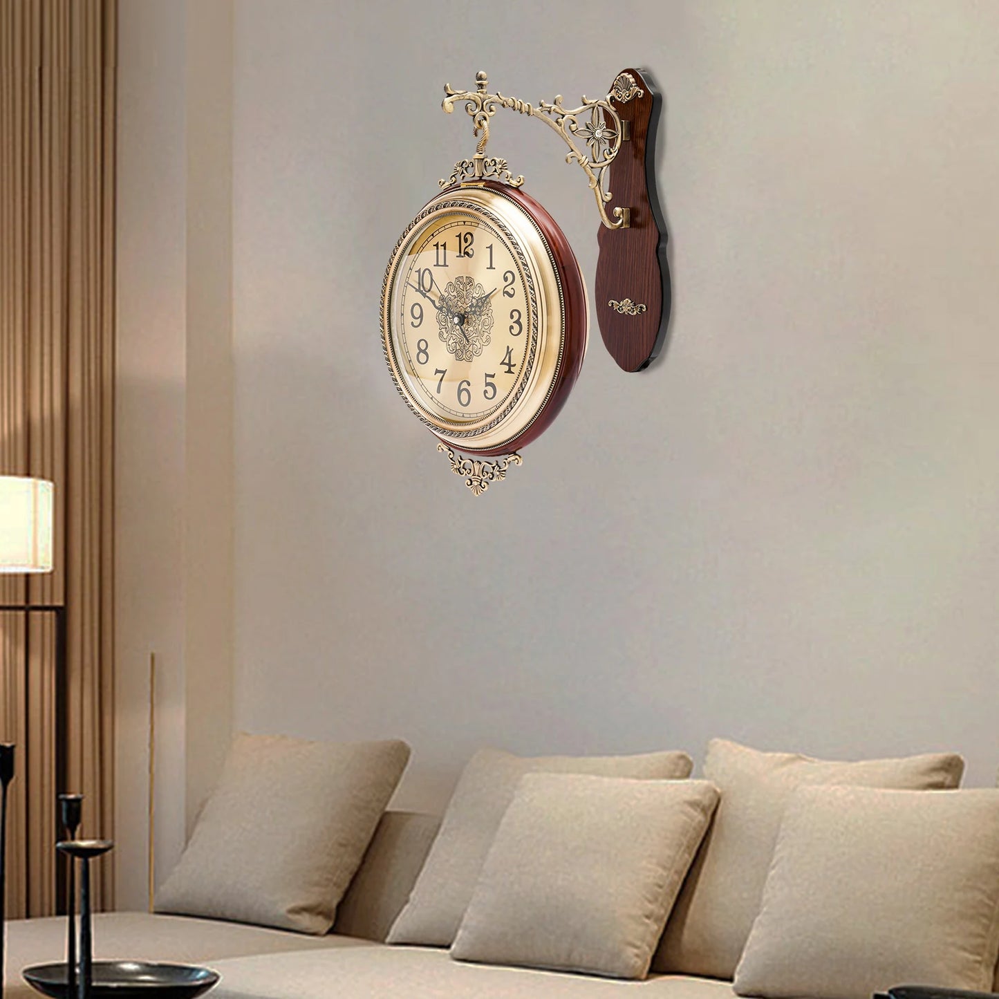 Vintage Double Sided Wall Clock Brown Round