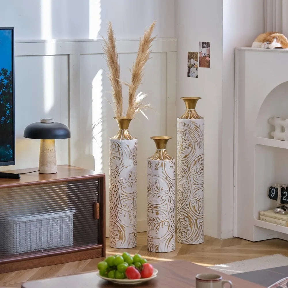 Set of 3 White & Gold Metal Vases - , 24in/28.7in/33.5in Tall