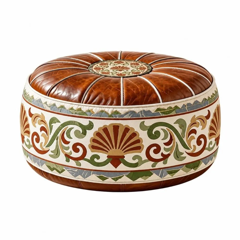 Leather Fillable Ottoman Pouf Embroidered Pattern Moroccan Style, Storage