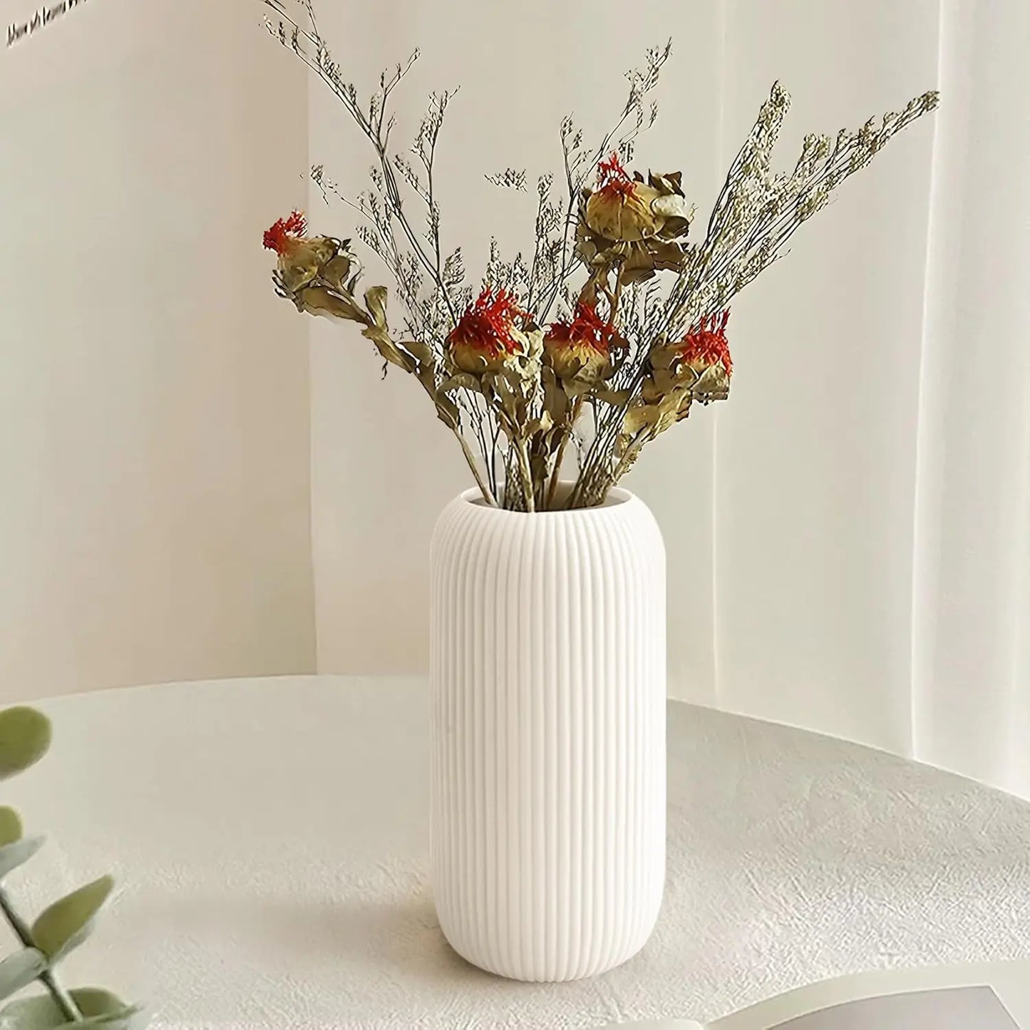 Modern Ribbed Ceramic Vase - 8" Small White Flower Vase