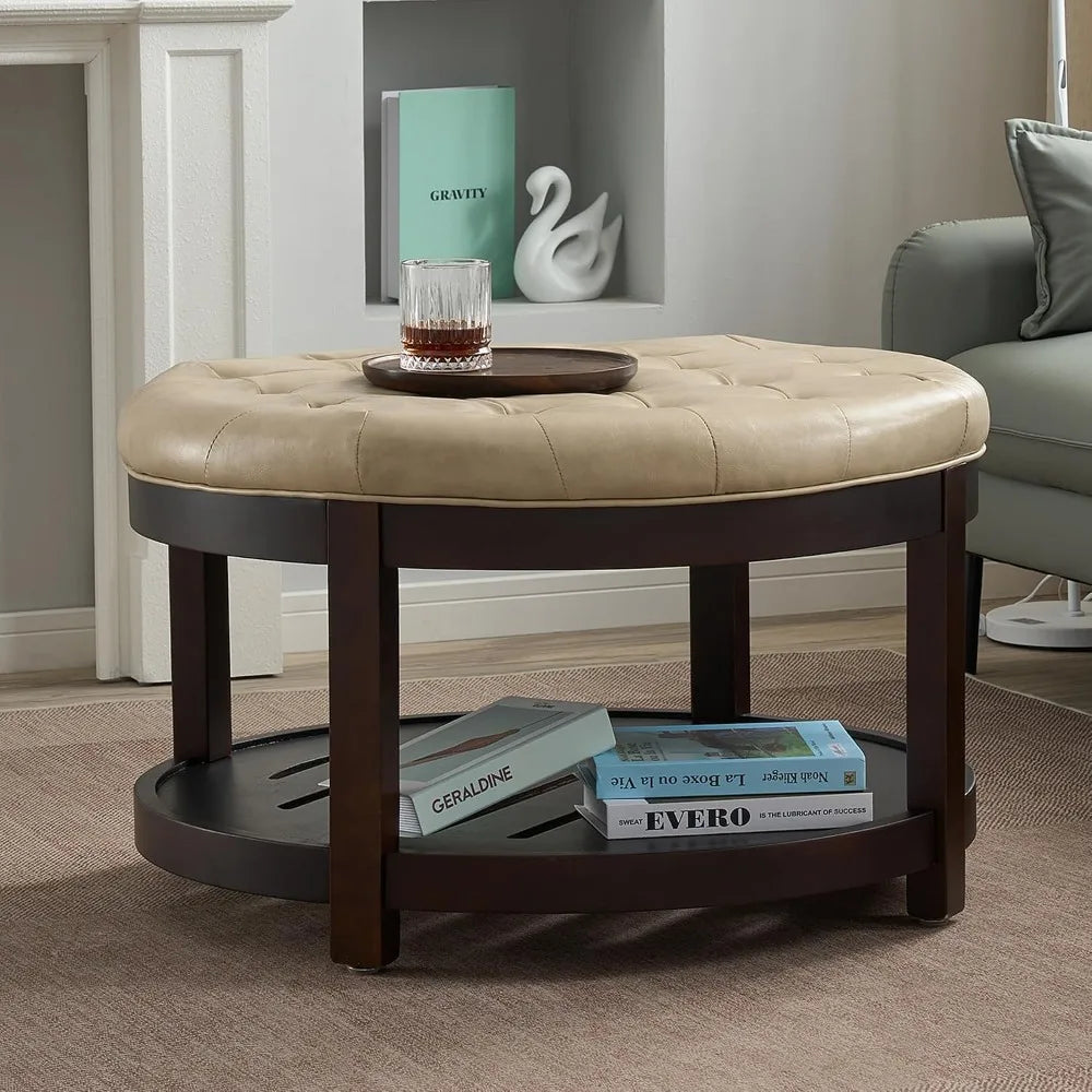 Large Round Storage Ottoman PU Leather Footrest