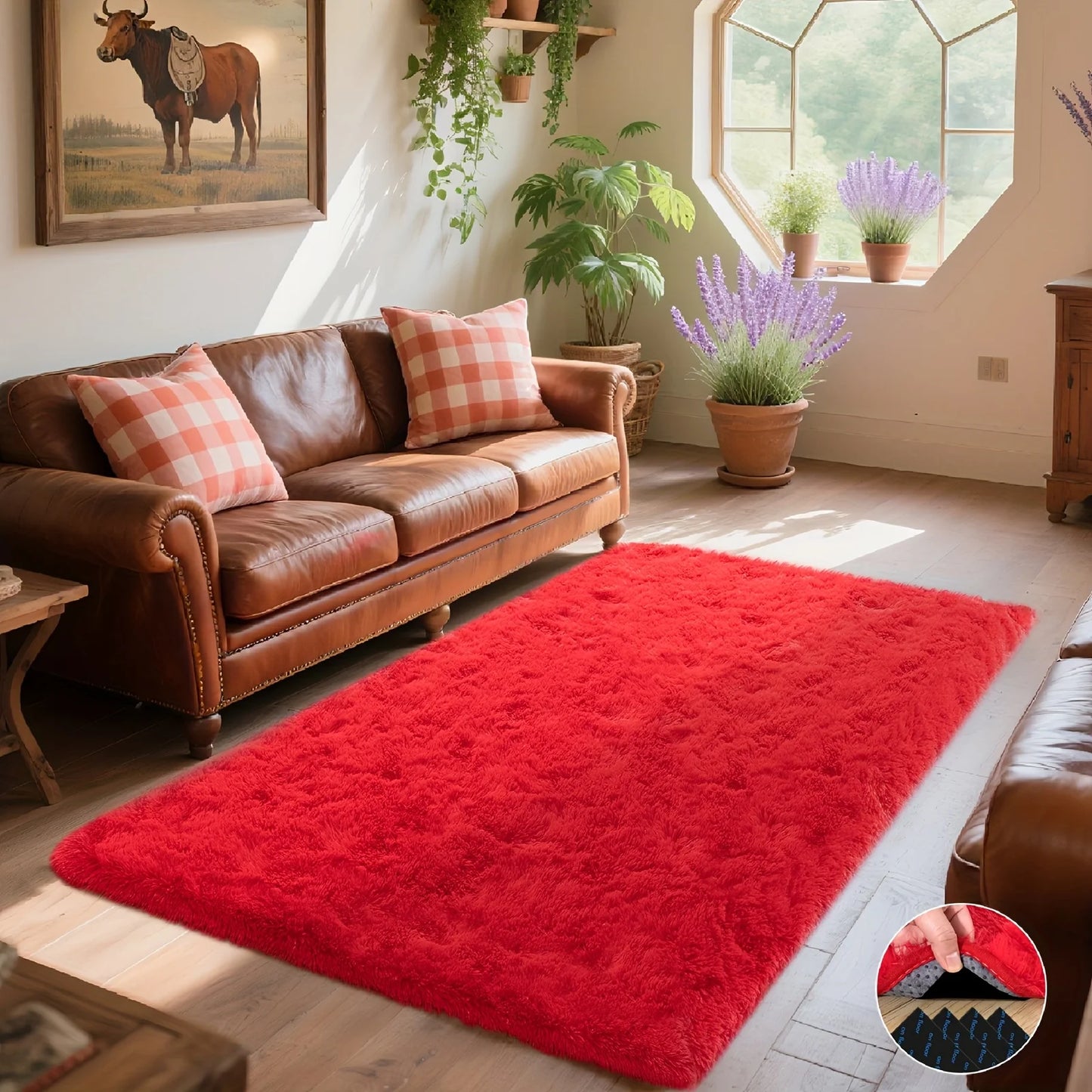 Room Decor Rug,Fluffy Soft Shaggy Non-Slip Red Rugs with 4 Stickers