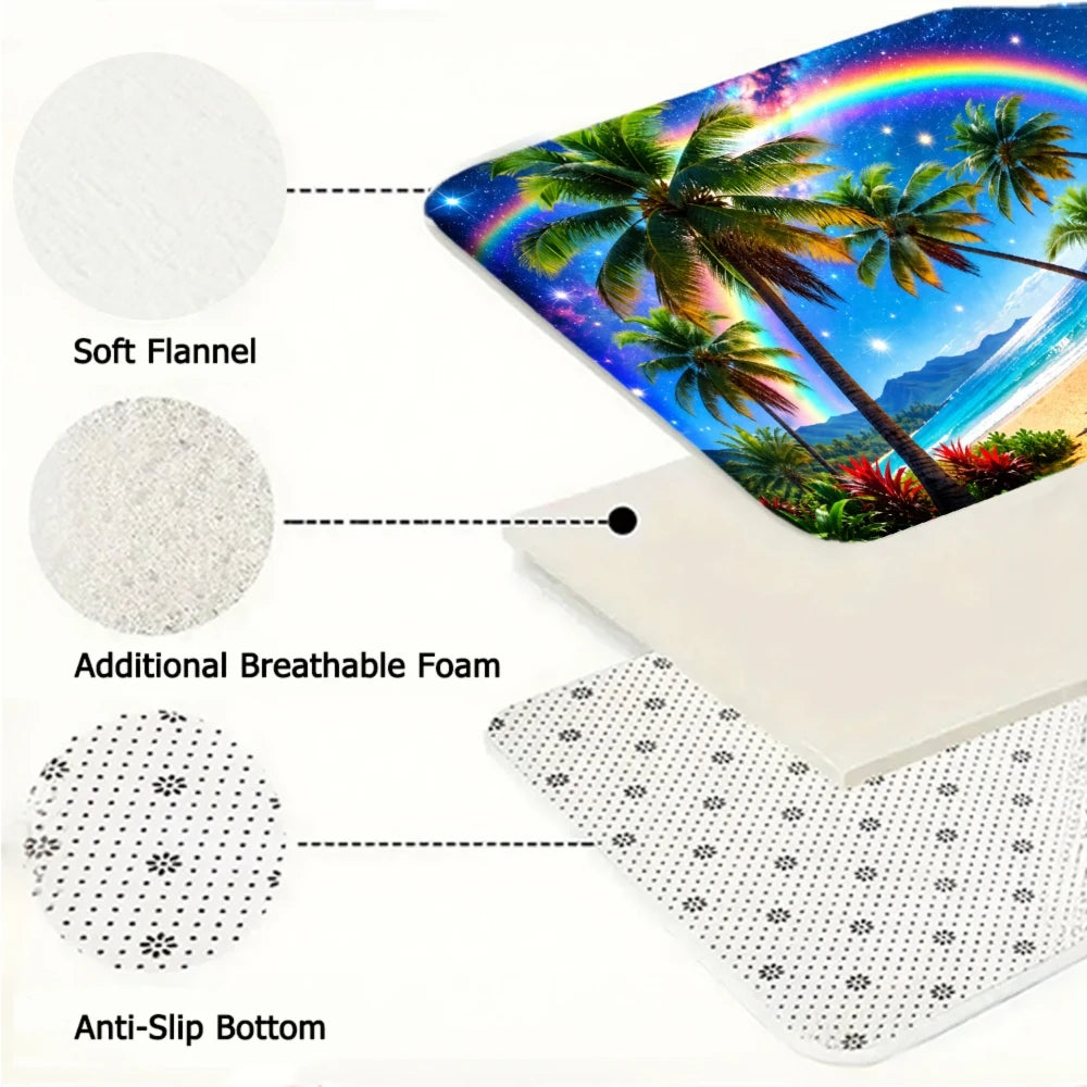 3PCS Kitchen Rugs, Tropical Palm Trees Rainbow Beach Sunset