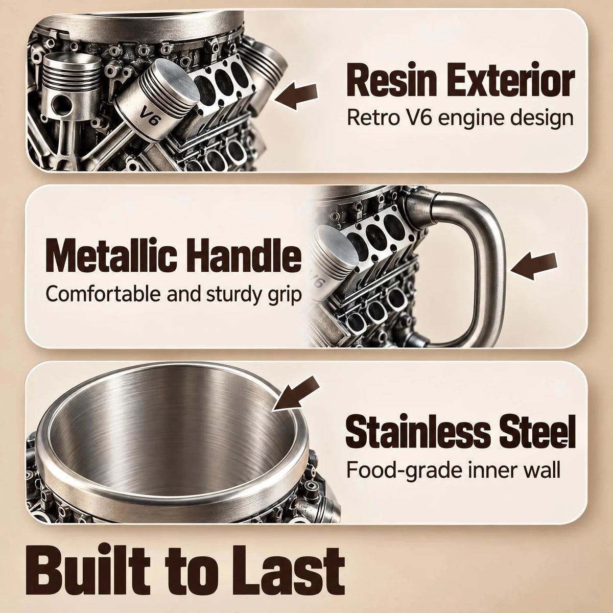 V6 Engine Stainless Steel Coffee Mug, 3D Metal