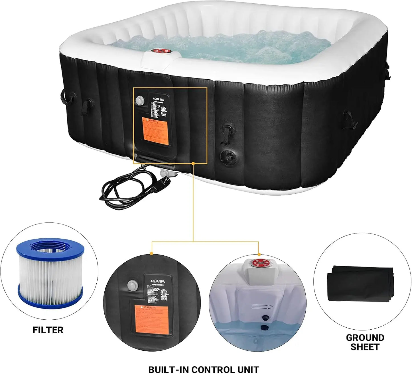 AquaSpa Portable Hot Tub 72X72X26 Inch Air Jet Spa  130 Bubble Jets