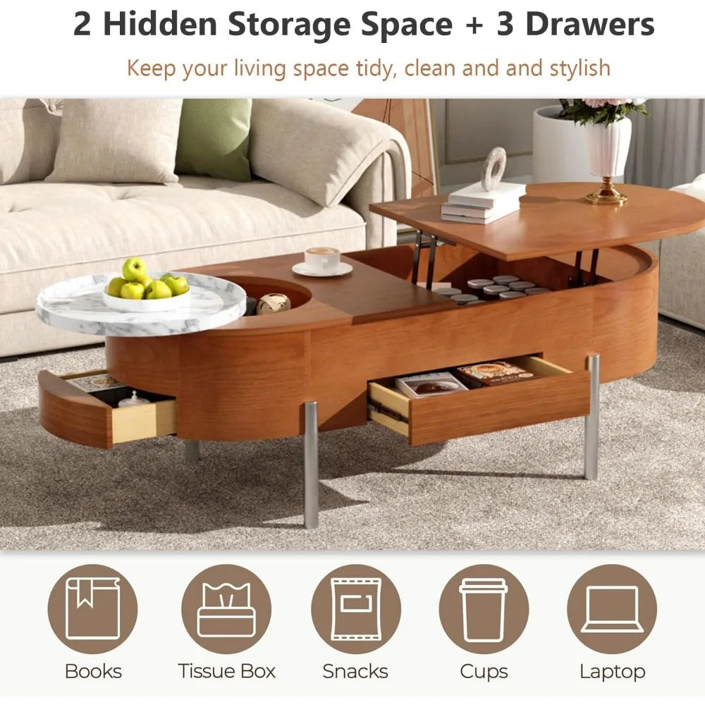 47.2-Inch Lift Top Coffee Table - Hidden Storage - Rotating Round Tray