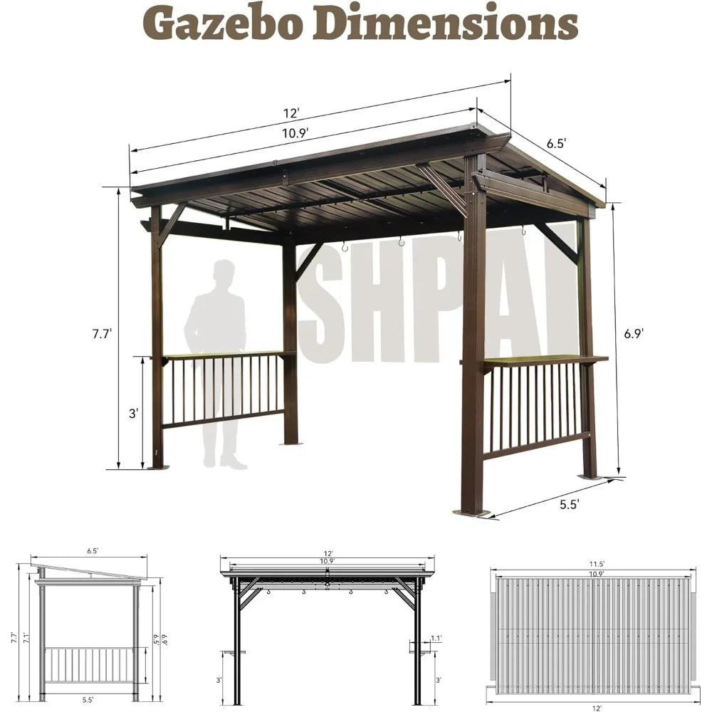 6.5x12FT Hardtop Grill Gazebo, All-Weather Outdoor BBQ Gazebo with 2 Side Shelves and 4 Ceiling Hook, Galvanized Steel Pitched R