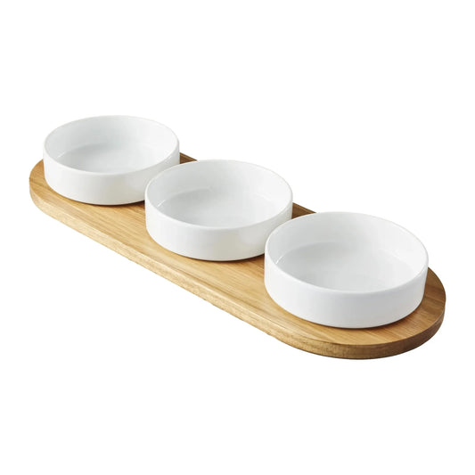 Tray - condiment bowl, white ceramic - acacia wood tray