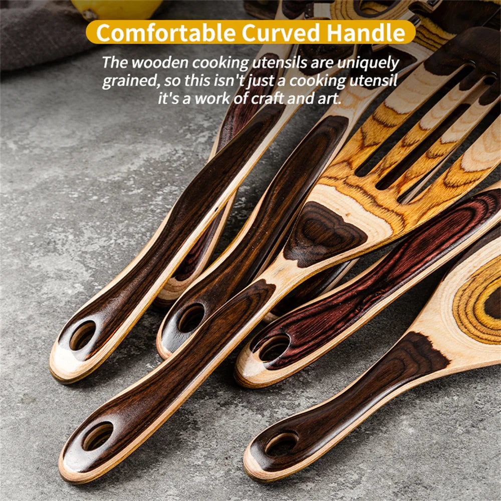 7-Piece Brown Utensils Set –, Wooden Spoons Utensil