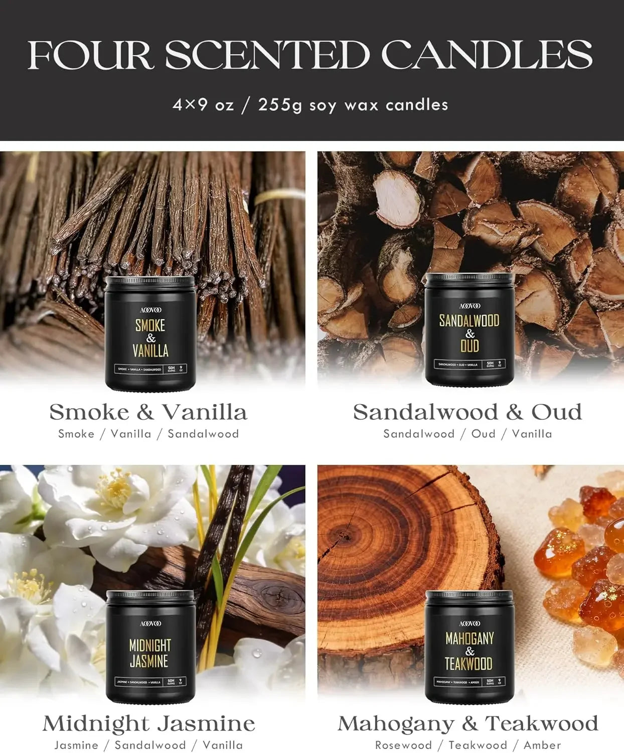 4 Pack Candles for Home Scented, 36oz Soy Wax, 200 Hour  Men Candle Set