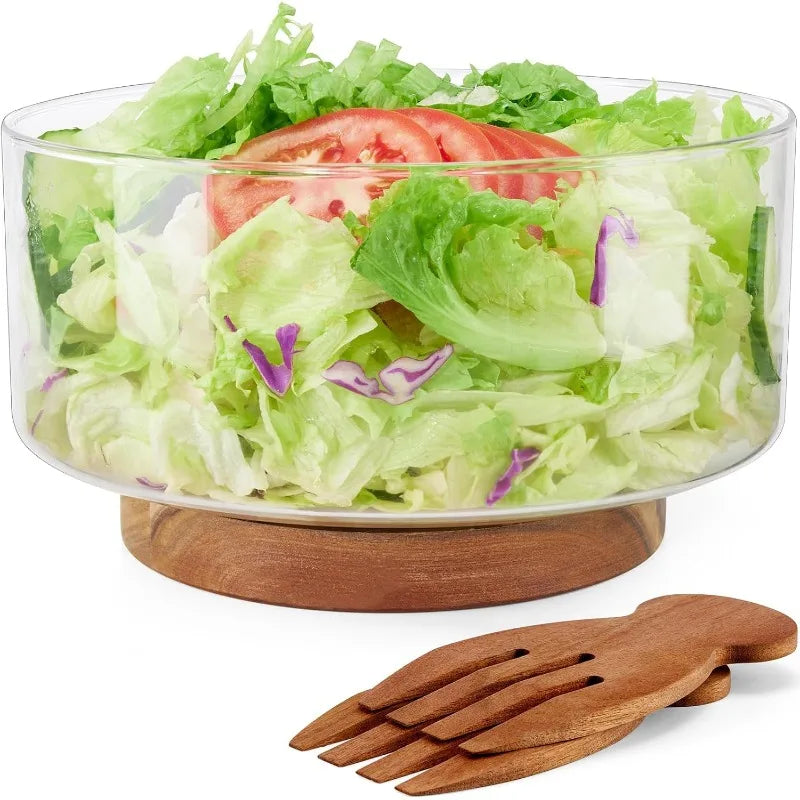 Large Salad Set, Glass Bowl, Acacia Wood Base