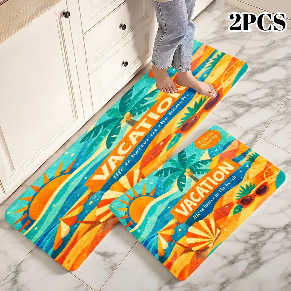 3PCS Kitchen Rugs, Palm Tree Sun Sunglasses Wave Dining Mat