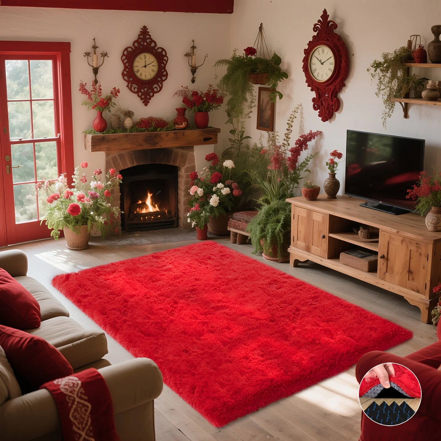 Room Decor Rug,Fluffy Soft Shaggy Non-Slip Red Rugs with 4 Stickers