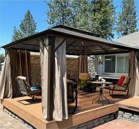 10'x13' Hardtop Gazebo, Double Roof Canopy, Curtains and Netting