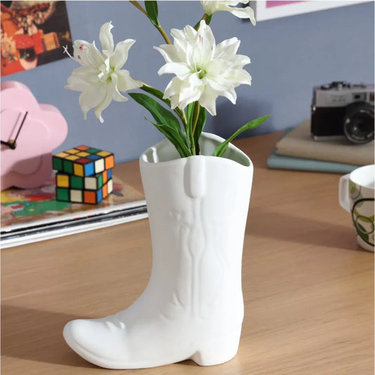 White Ceramic Cowboy Boot Planter Vase