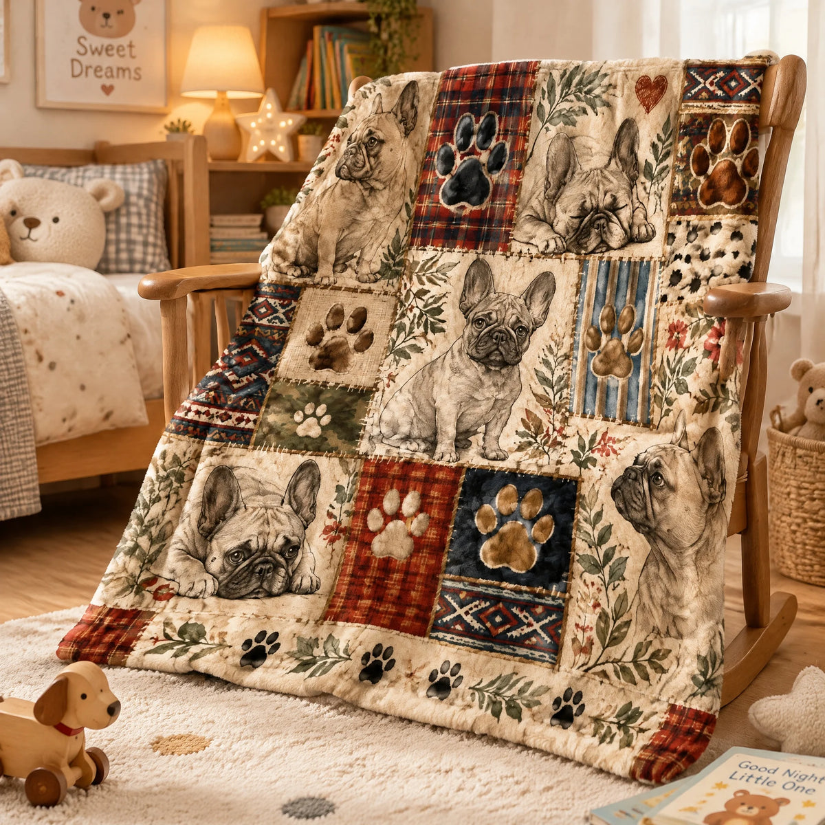 Dog Paw Patchwork Grid Throw Blanket