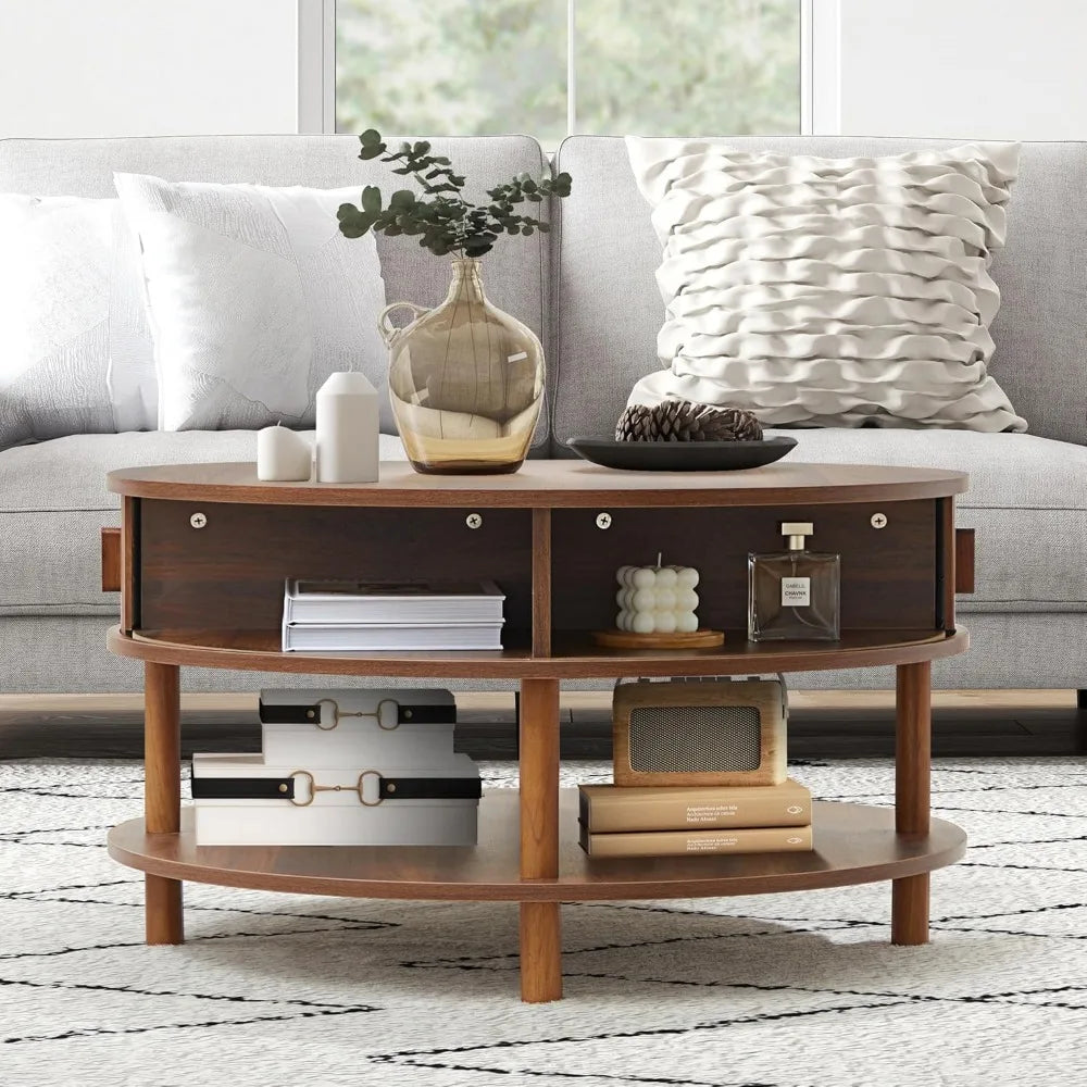 31.5” Round Coffee Table with Storage, Mid Century Modern 2 Tier Coffee Table with Tambour Sliding Door, Solid Wood Legs Fluted