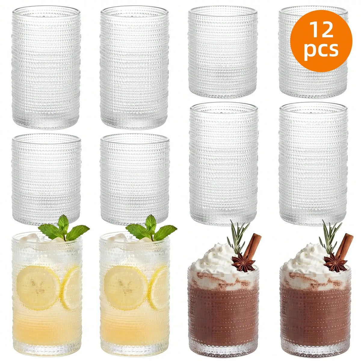 12/16pack Hobnail Drinking Glasses, 12 Oz Highball Glasses & 10 Oz Cocktail Glasses,