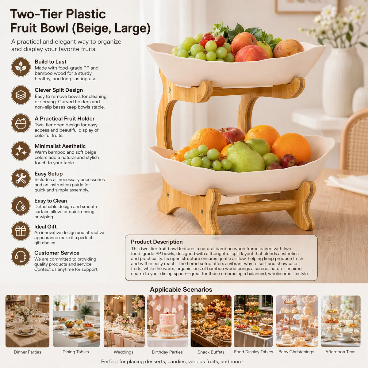 Tier Fruit Bowl Bamboo Frame with  Bowls, Stackable Fruit Basket Stand
