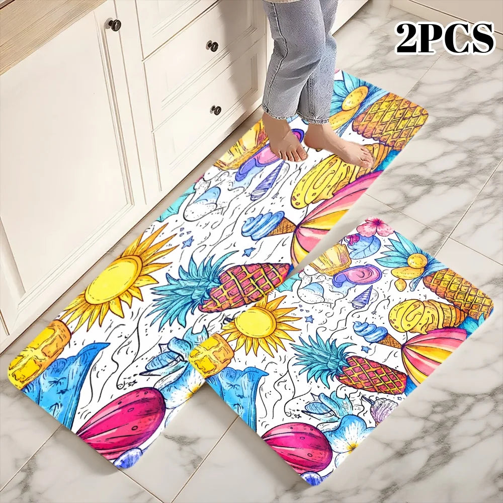 3PCS Kitchen Rugs Sun Pineapple Coconut Palm Tree Flower Watermelon Banana