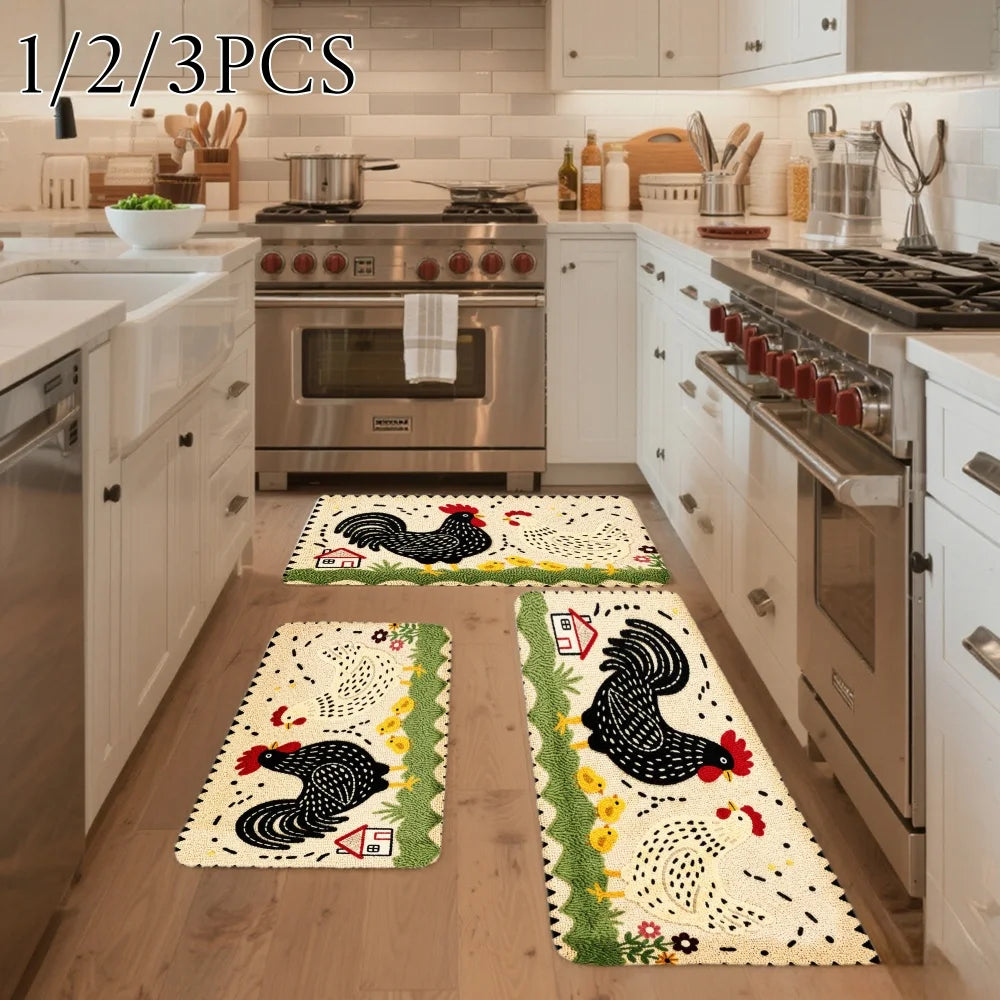 3PCS Kitchen Rugs,Rooster And Flowers Dining Mat